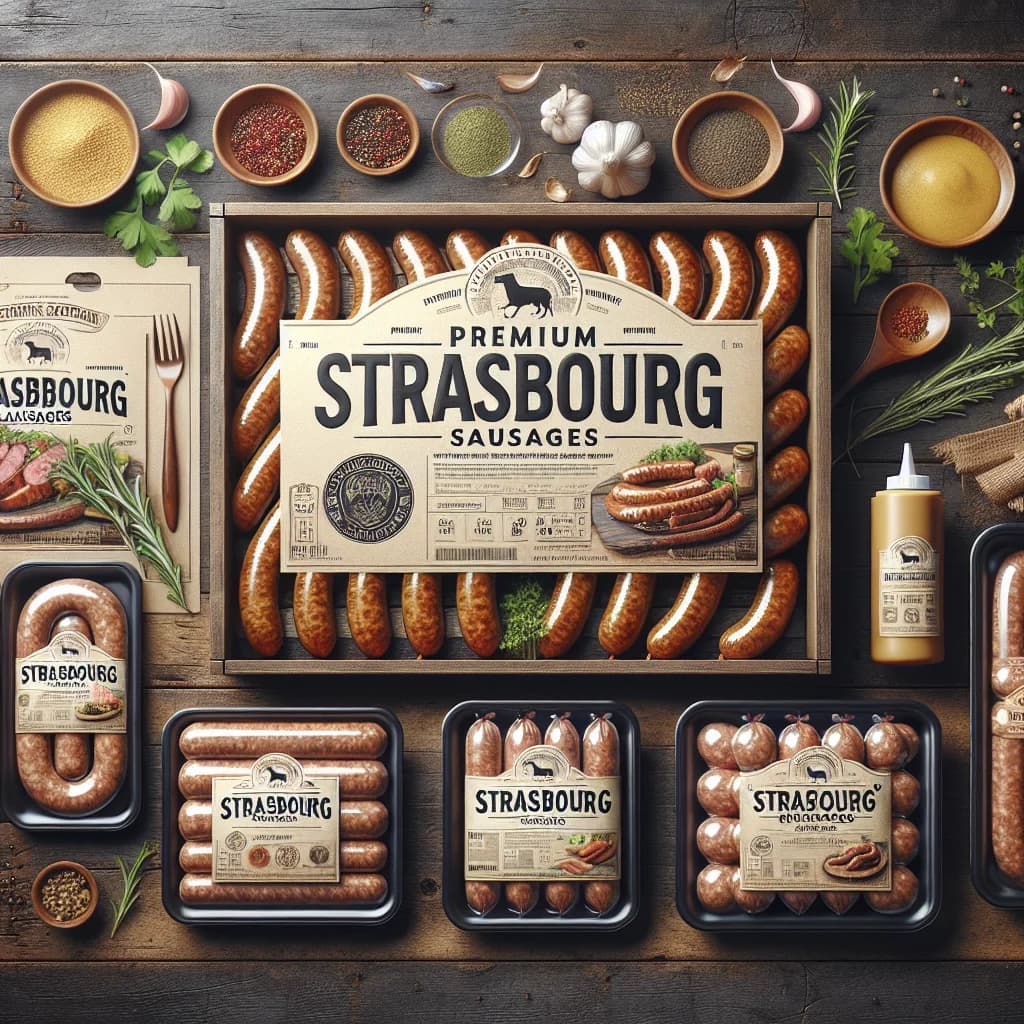Premium Strasbourg sausages in various packaging options with vibrant background