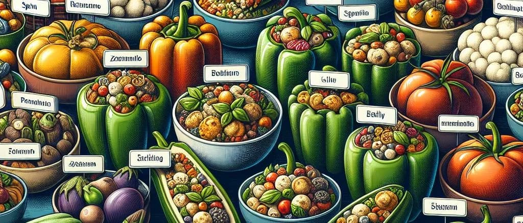 variety of stuffed vegetables on a wooden background