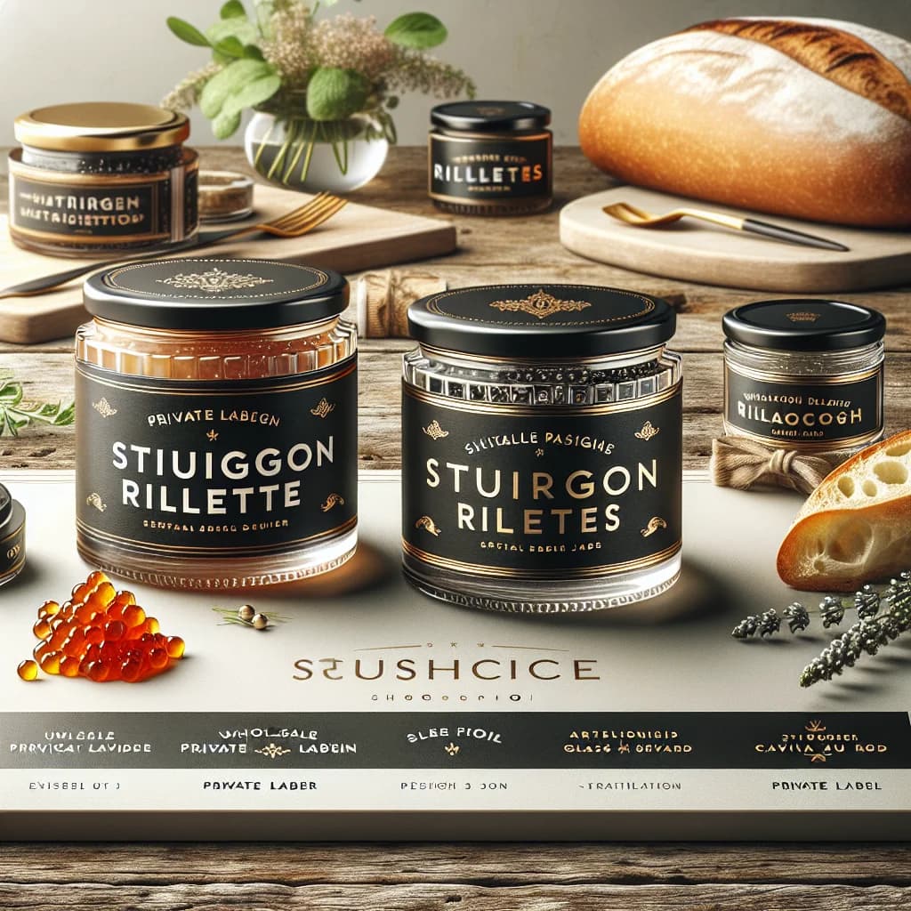 assorted sturgeon rillettes in elegant jars on a rustic countertop with subtle ingredients scattered around