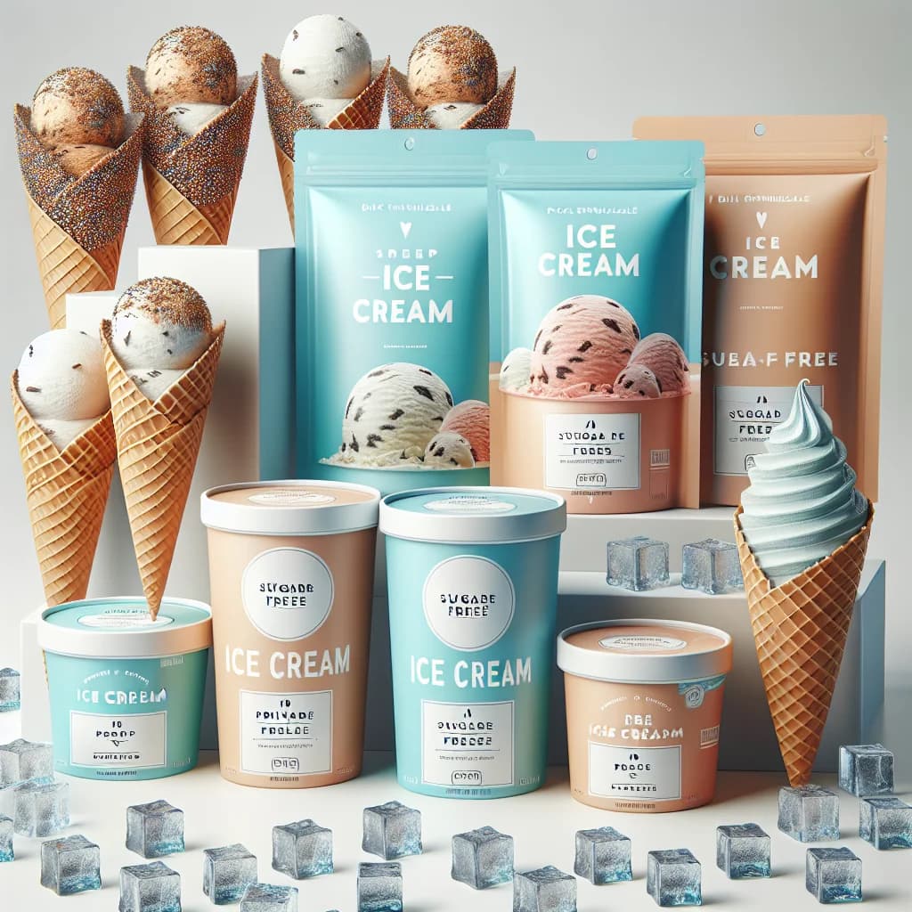 assorted sugar free ice cream tubs and cones with vibrant packaging on a clean white background