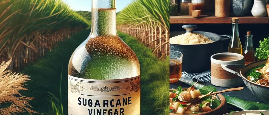 three variations of sugarcane vinegar bottles against a textured rustic wooden background