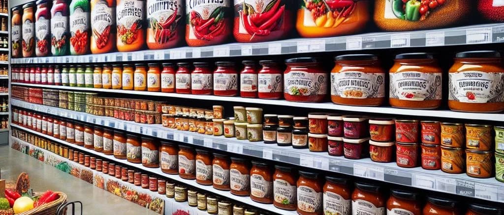 Sweet pepper chutneys in glass jars with various labels against a colorful market stand backdrop