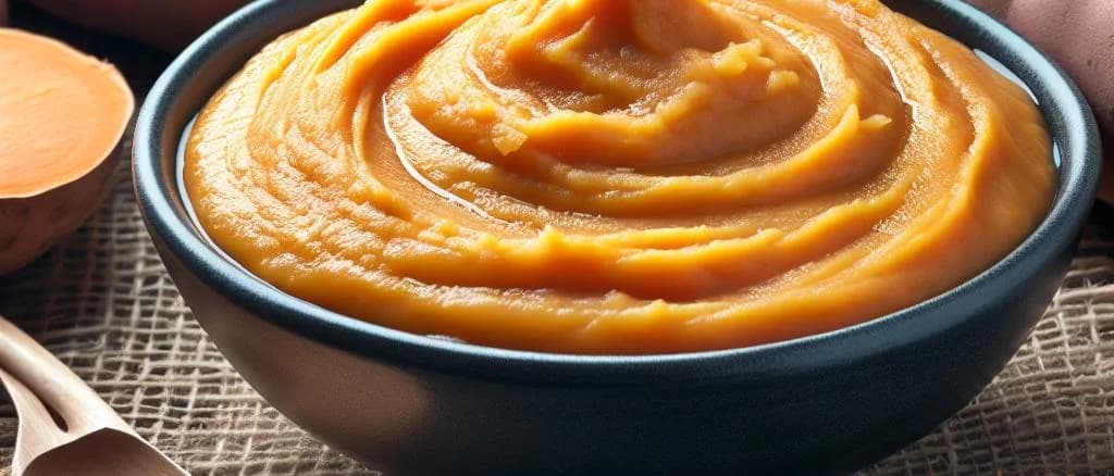 Various packaging of sweet potato puree cooked with cream on a wooden table