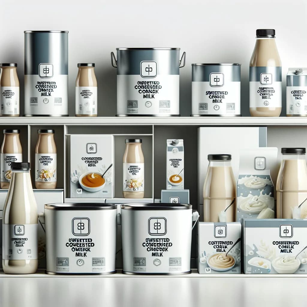 Sweetened condensed milk in various packaging formats with a clean white background, showcasing bulk options and private label designs for B2B sourcing.