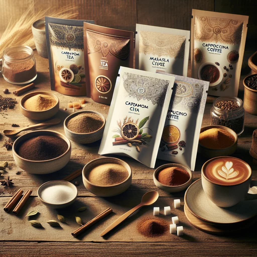 assorted tea and coffee premix sachets with premium packaging on a wooden table