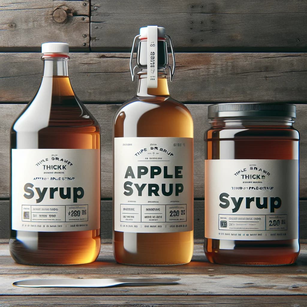 thick apple syrup bottles on a wooden background with customizable labels in three packaging options
