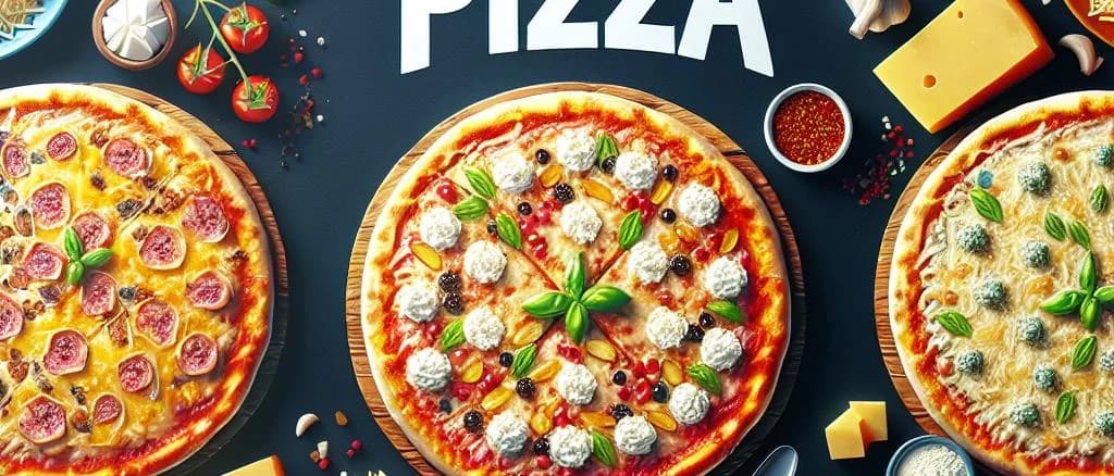 three cheese pizza assortment with different packaging and backgrounds