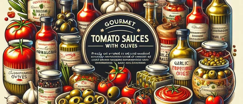 Assorted tomato sauces with olives in varied packaging on rustic wooden background