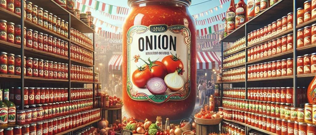 Various tomato sauces with onions in glass jars on a wooden table with rustic background, showcasing diverse packaging options