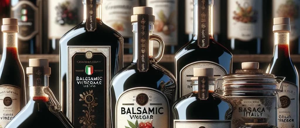 Assorted traditional balsamic vinegar bottles with varied packaging on wooden background