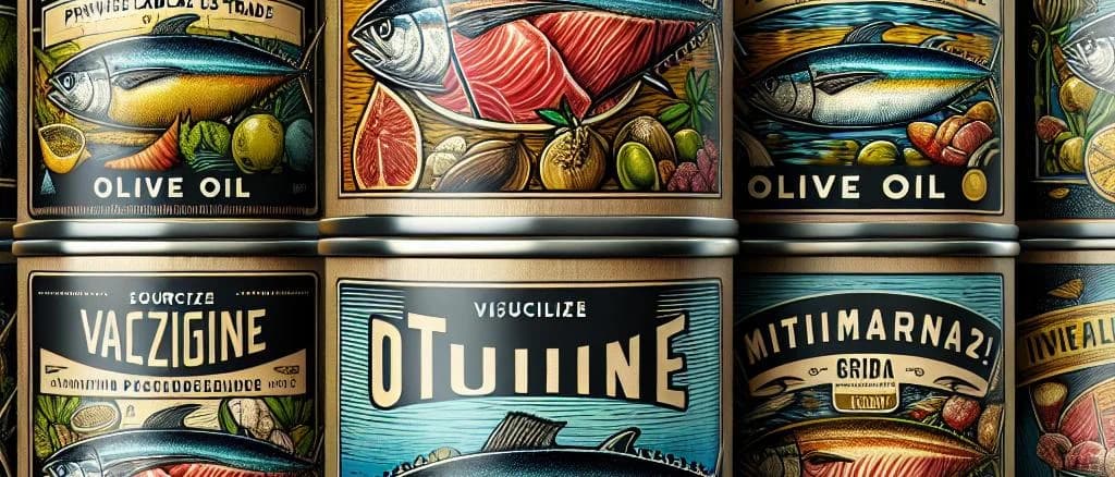 tuna in olive oil cans with diverse packaging on a wooden table