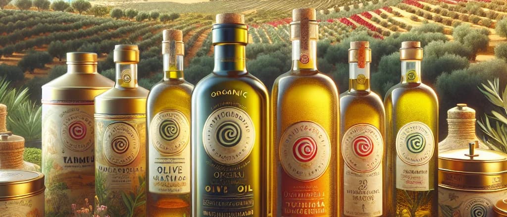 Tunisian Olive Oil bottles with organic packaging against Mediterranean backdrop