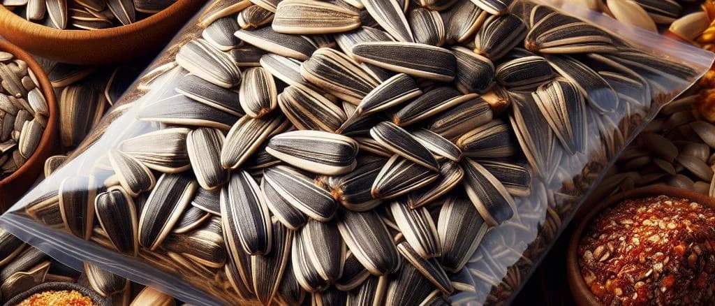 three variations of unshelled sunflower seeds with different packaging on a wooden table