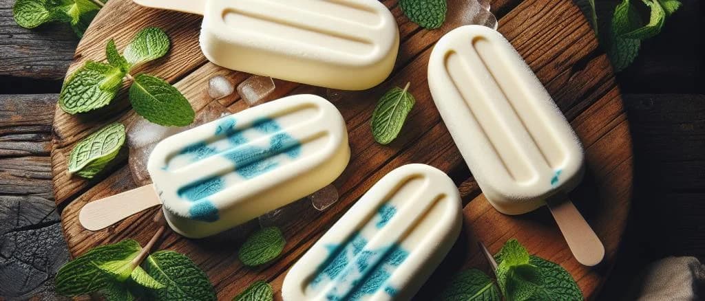 Vanilla Ice Cream Bars with various packaging and styles on a rustic wooden table