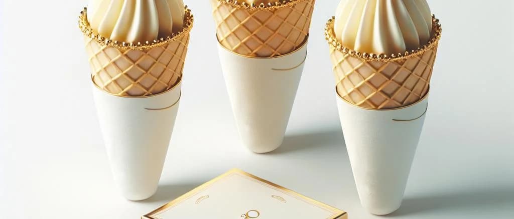 Vanilla ice cream cones with various packaging on a plain background
