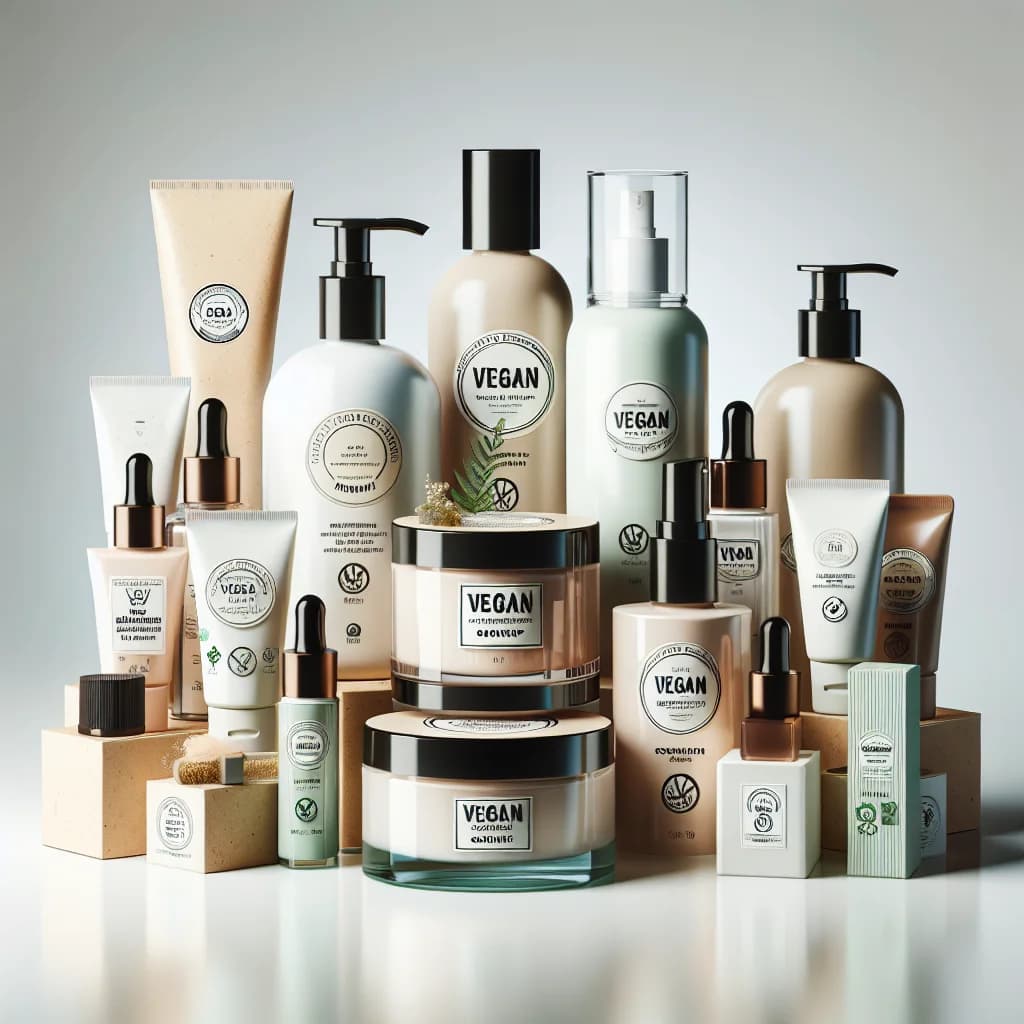 vegan cosmetic products including eco-friendly packaging and cruelty-free formulations on a clean white background