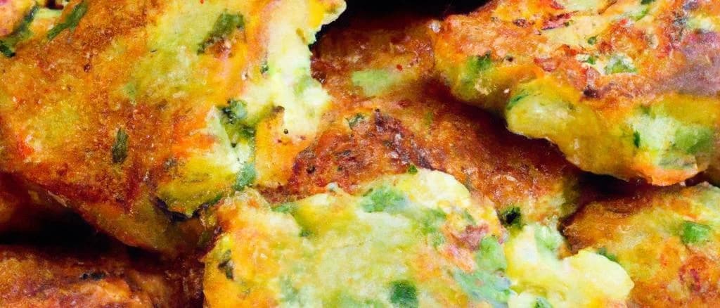 various vegetable fritters on different colored plates with diverse backgrounds