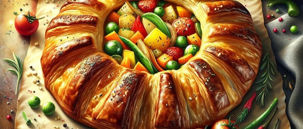 Assorted vegetable puff pastries on a wooden board with packaging variations