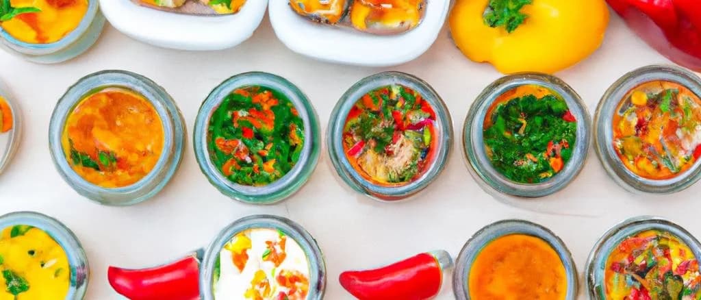 Assortment of beautifully presented vegetable terrines with vibrant colors and variations in packaging