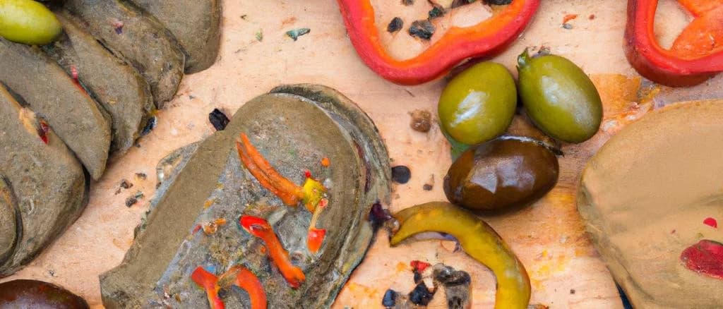 Assorted vegetarian olive pâtés in various packaging against a rustic kitchen backdrop