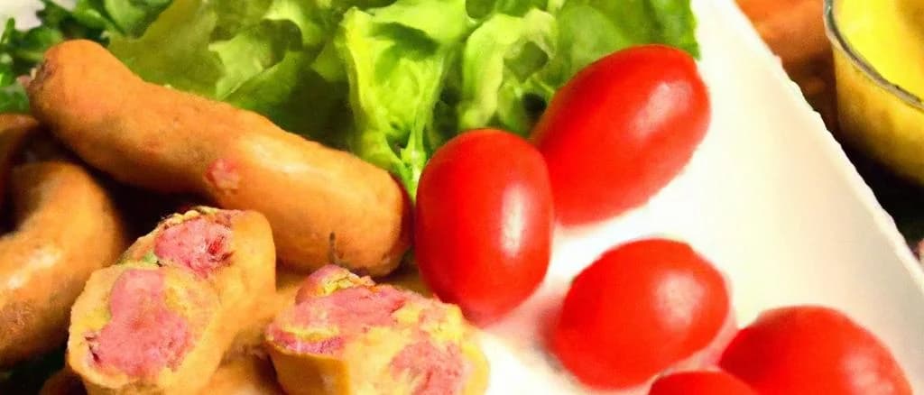 assorted vegetarian tofu sausages on different plates with varied backgrounds