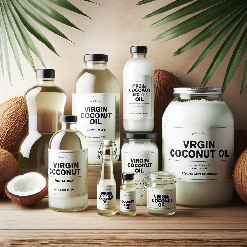 virgin coconut oil packaging with product variations in bulk and retail bottles