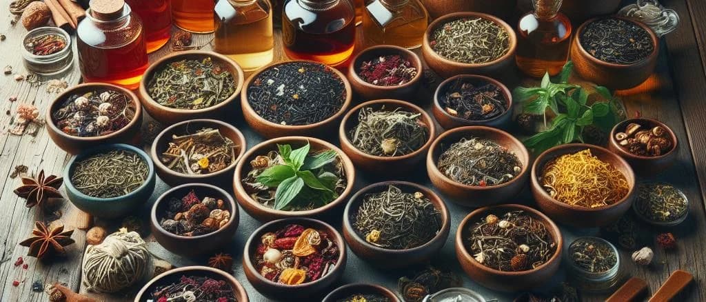 assorted weight-loss teas in various packaging with leafy backgrounds