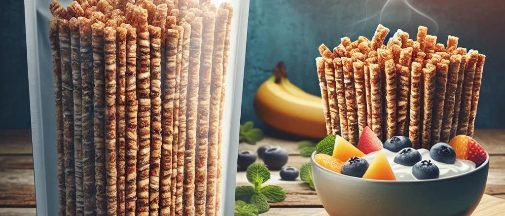 Wheat bran sticks with diverse packaging and multi-grain variations on a rustic wooden background