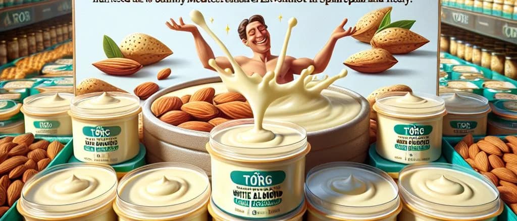 White Almond Purees in various packaging on wooden background