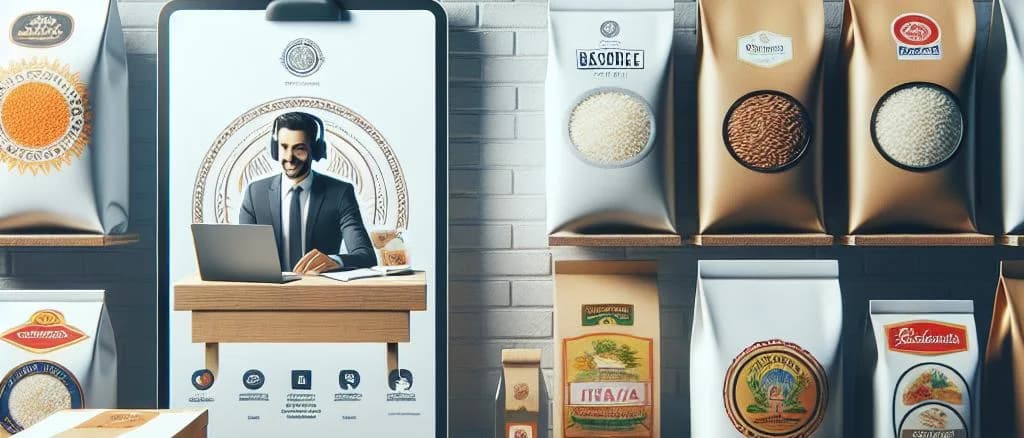 Different varieties of white basmati rice in colorful packaging displayed on a wooden background