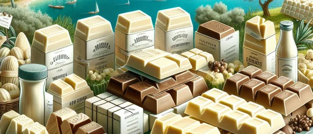 assorted white chocolate bars with different packaging and variations