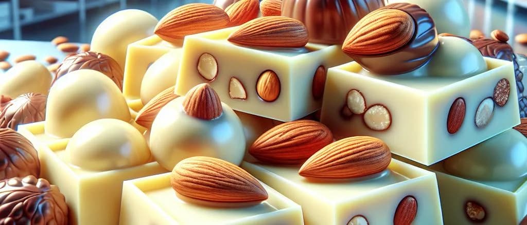 white chocolate bars with almonds on textured background