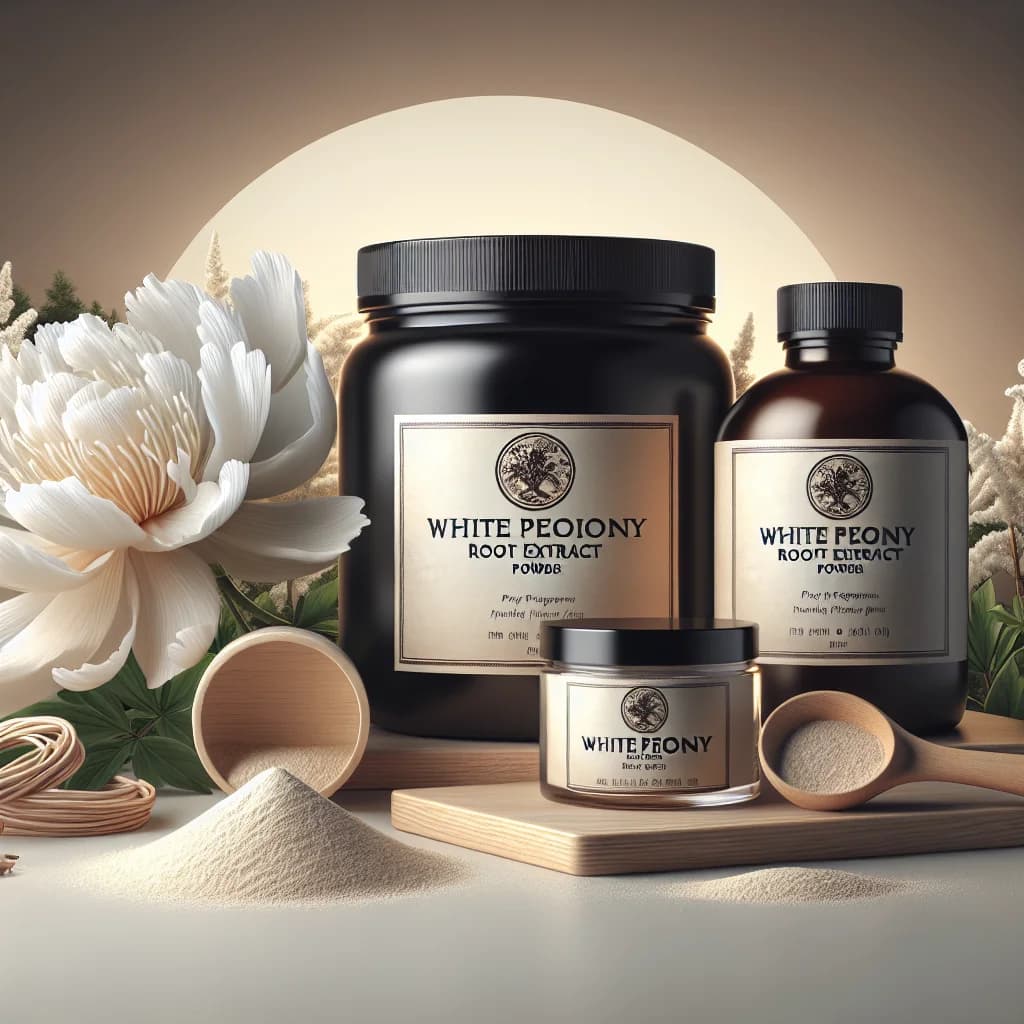 premium white peony root extract powder in bulk packaging with natural botanical background