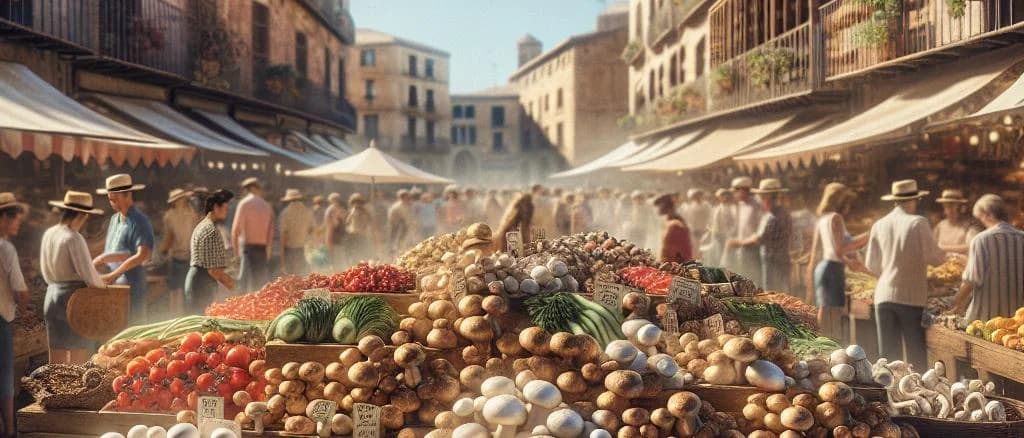variety of whole champignon mushrooms with diverse packaging on wooden surface