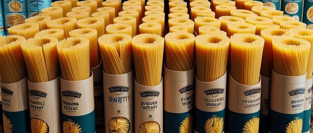 Three variations of whole durum wheat spaghetti with diverse packaging on a wooden table