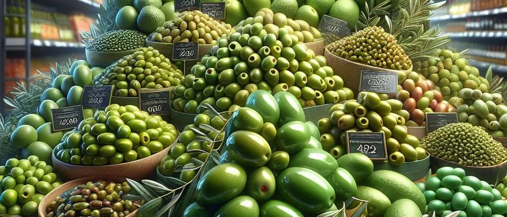 premium whole green olives in glass jars with customizable labels on wooden background