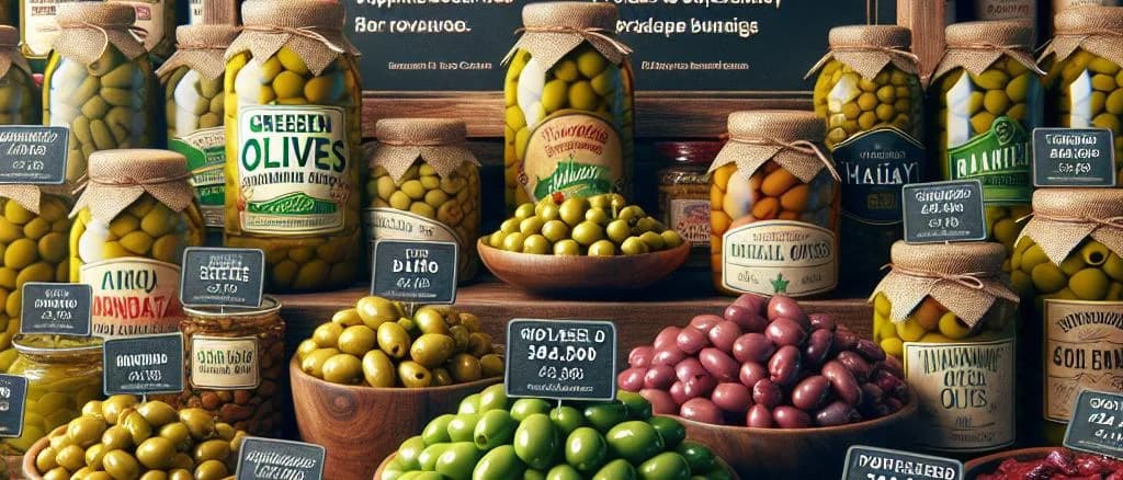Whole marinated green olives displayed with two packaging variations on a rustic wooden background