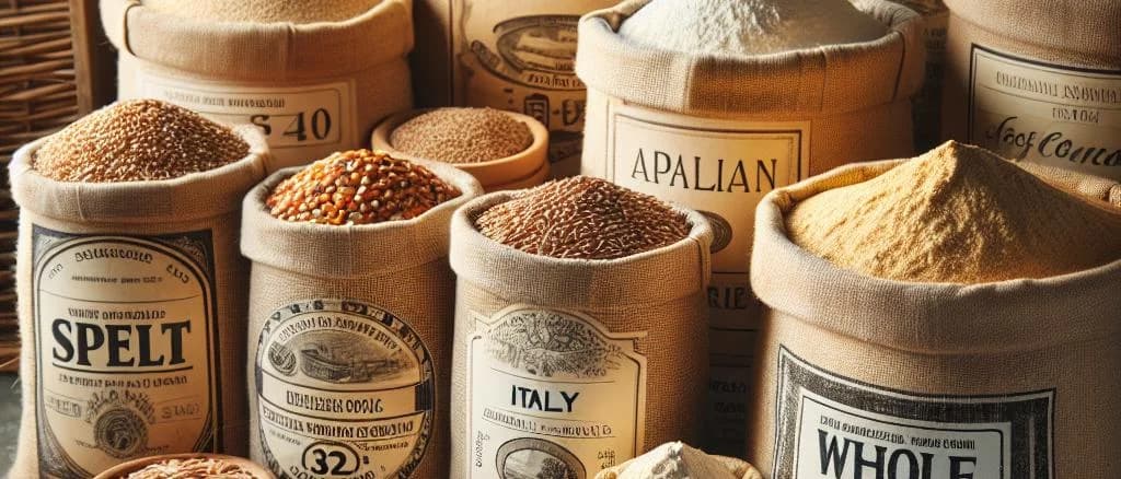 Organic whole spelt flour packages on wooden surface with sackcloth background