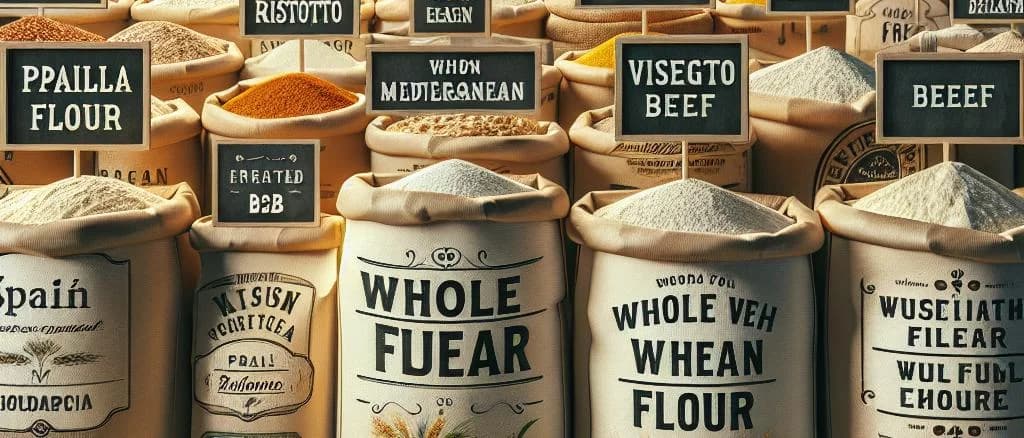 Whole wheat flour packaging variations on a wooden kitchen background