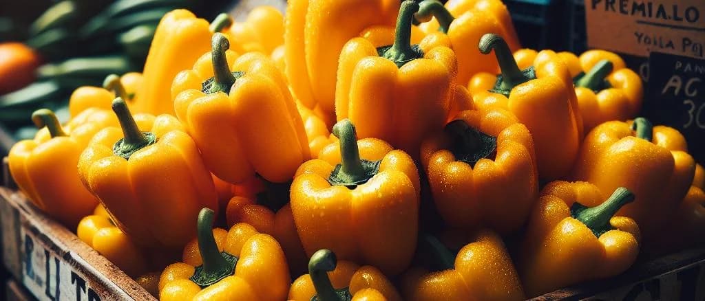 Yellow sweet peppers with varied packaging displayed on a wooden background