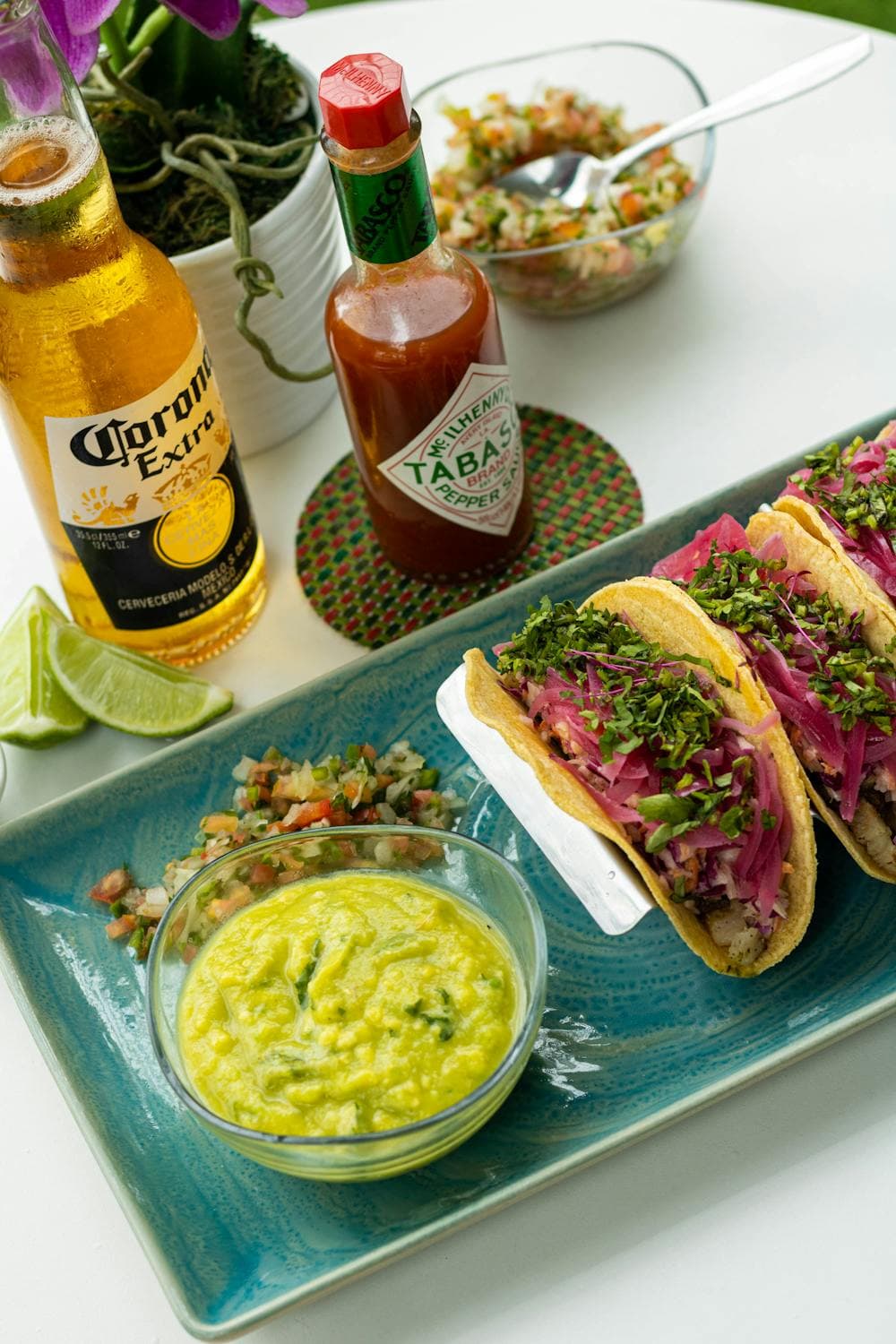 beer, tacos, and guacamole