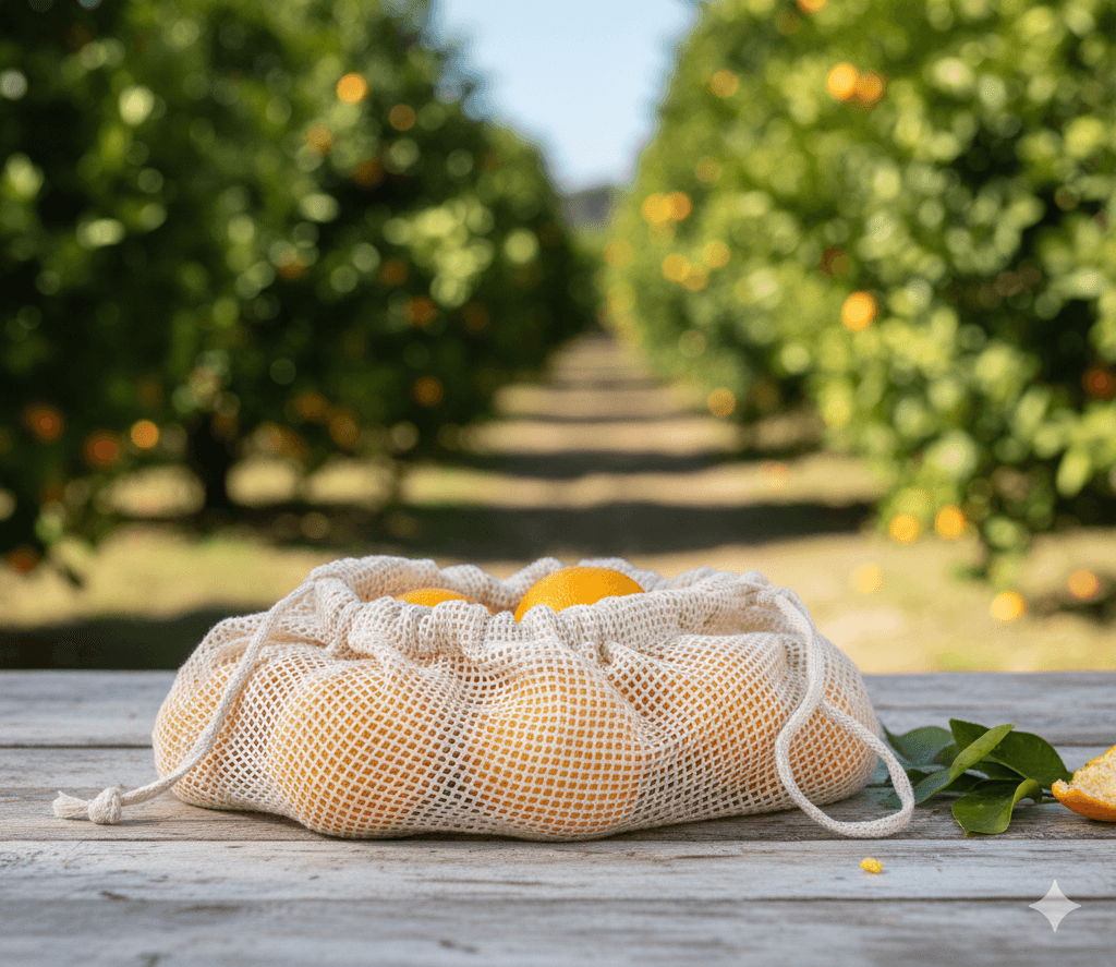 oranges contained in cotton mesh bag